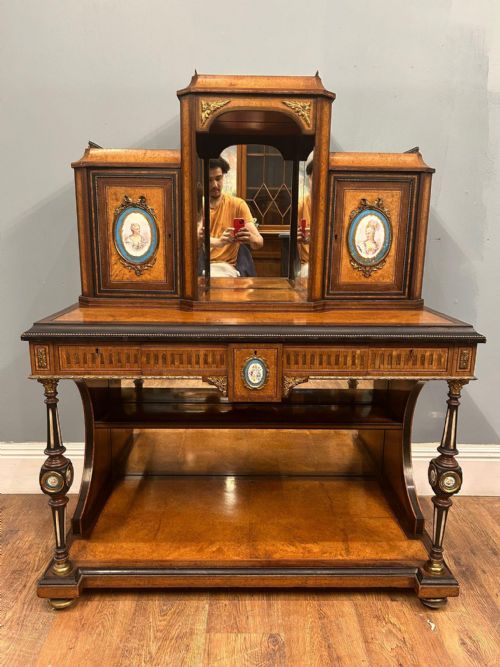 VICTORIAN BONHEUR DE JOUR DESK AMBOYNA SEVRES PLAQUES 1860 - ADDITIONAL PHOTO 17
