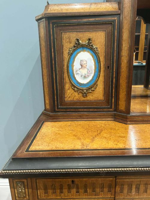VICTORIAN BONHEUR DE JOUR DESK AMBOYNA SEVRES PLAQUES 1860 - ADDITIONAL PHOTO 19