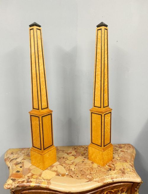 PAIR GRAND TOUR OBELISKS ITALIAN SATINWOOD EBONIZED TRIM