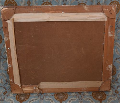 fig 1. An expressionist oil painting depicting a canal with buildings and a stone bridge, enclosed within an ornate gilded frame.
