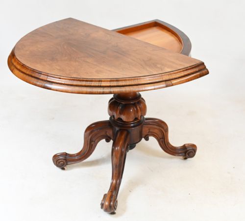 VICTORIAN WALNUT CARD TABLE DEMI LUNE 1860 GAMES - ADDITIONAL PHOTO 1