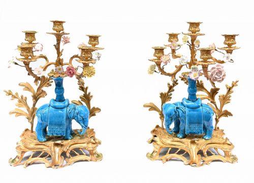Pair Regency Porcelain Elephant Candelabras Gilt 1880