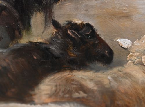 fig 2. A framed late 19th-century oil painting depicting a shepherd with a flock of sheep and goats outside a rustic whitewashed building.