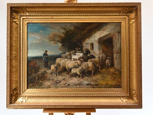 Oil Painting Shepherd Sheep Flock by Henry Schouten Belgium 1890