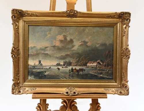 Dutch Oil Painting Frozen Landscape Signed T. Bergman
