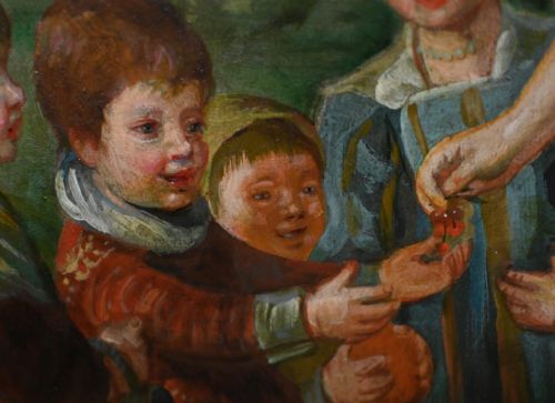 fig 1. An Edwardian oil painting on canvas depicting a group of figures outdoors in a pastoral setting, mounted within an ornate gilded frame.