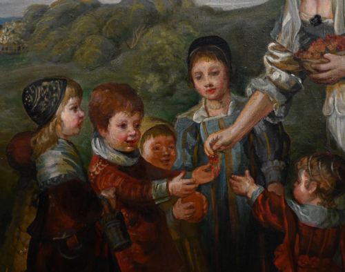 fig 2. An Edwardian oil painting on canvas depicting a group of figures outdoors in a pastoral setting, mounted within an ornate gilded frame.