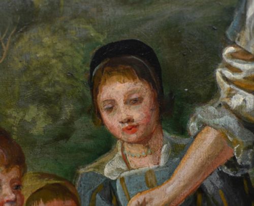 fig 3. An Edwardian oil painting on canvas depicting a group of figures outdoors in a pastoral setting, mounted within an ornate gilded frame.