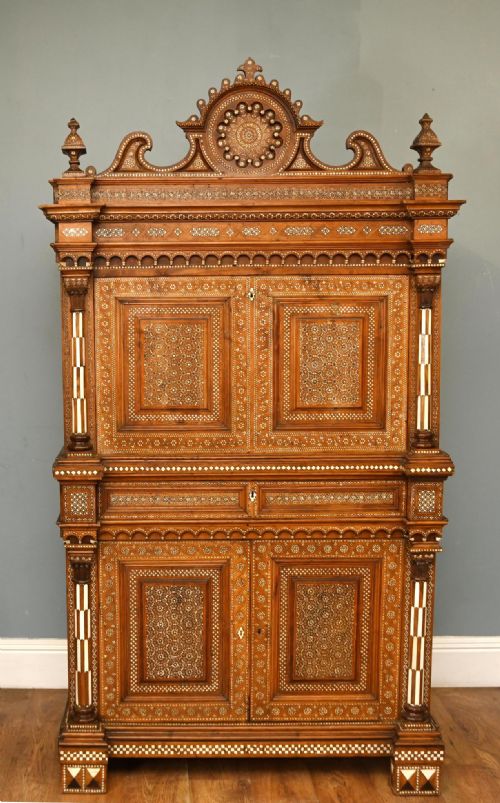 Damascan Inlay Cabinet Bureau Mother Pearl Inlay Syrian Antiques 1890