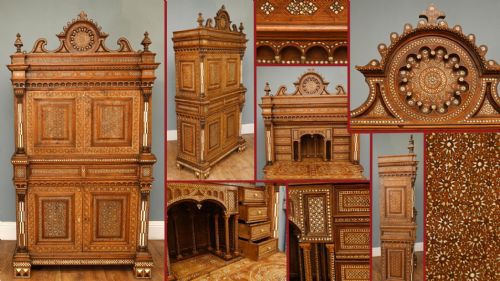 fig 1. Damascan Inlay Cabinet Bureau Mother Pearl Inlay Syrian Antiques 1890