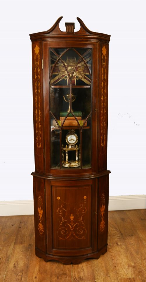 EDWARDIAN INLAID MAHOGANY CORNER DISPLAY CABINET 1910