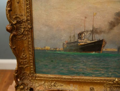 VICTORIAN SEA SCAPE OIL PAINTING HARBOUR SIGNED D KING 1890 - ADDITIONAL PHOTO 4