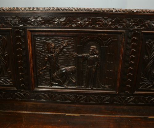 RENAISSANCE REVIVAL CARVED OAK HALL SETTLE MONKS BENCH 1800 - ADDITIONAL PHOTO 2