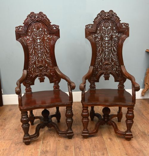 PAIR JACOBEAN HALL CHAIRS REVIVAL ARM THRONES CARVED OAK