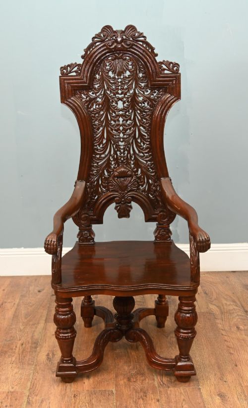 PAIR JACOBEAN HALL CHAIRS REVIVAL ARM THRONES CARVED OAK - ADDITIONAL PHOTO 2