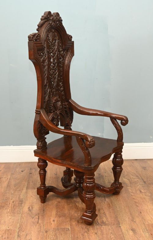 PAIR JACOBEAN HALL CHAIRS REVIVAL ARM THRONES CARVED OAK - ADDITIONAL PHOTO 3