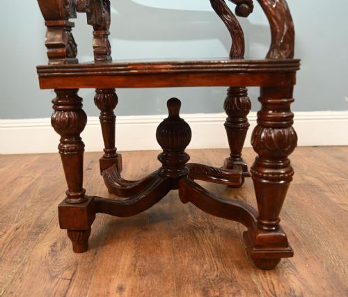 PAIR JACOBEAN HALL CHAIRS REVIVAL ARM THRONES CARVED OAK - ADDITIONAL PHOTO 5