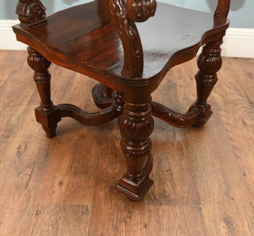 PAIR JACOBEAN HALL CHAIRS REVIVAL ARM THRONES CARVED OAK - ADDITIONAL PHOTO 6