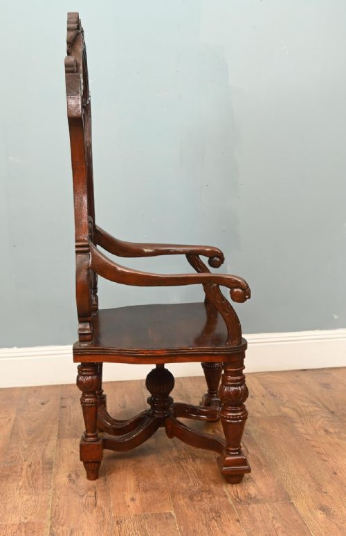 PAIR JACOBEAN HALL CHAIRS REVIVAL ARM THRONES CARVED OAK - ADDITIONAL PHOTO 7