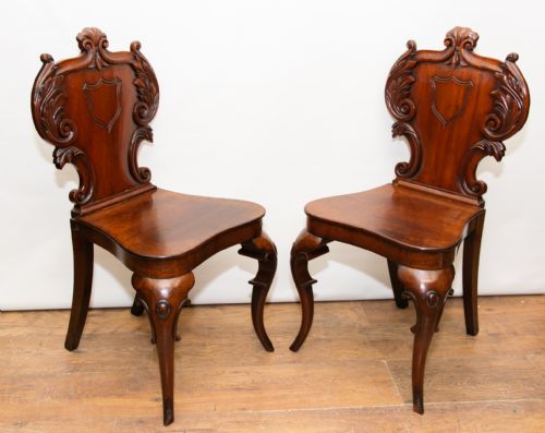PAIR VICTORIAN HALL CHAIRS ANTIQUE 1840 CARVED SEATS