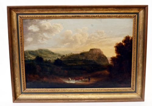 Victorian Oil Painting Pastoral Landscape with Cattle and Castle Ruins