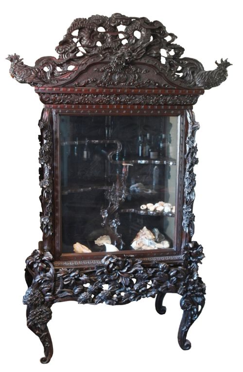 Japanese Meiji Cabinet Carved Bookcase Hardwood 1880