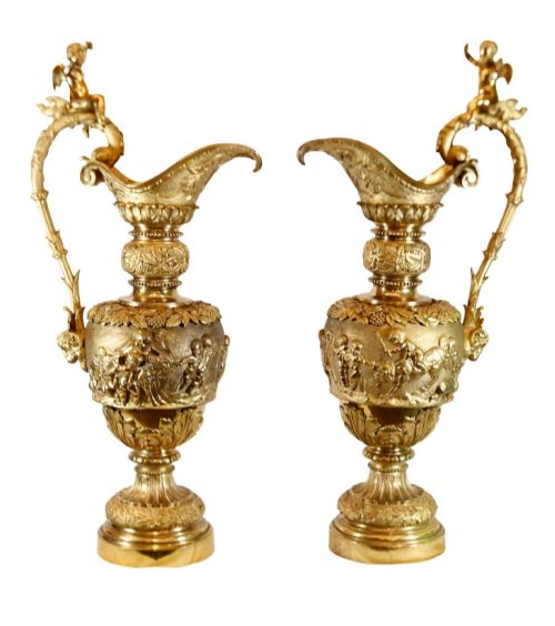 Monumental French Gilt Jugs Ewers 1840 Bacchus Cherub