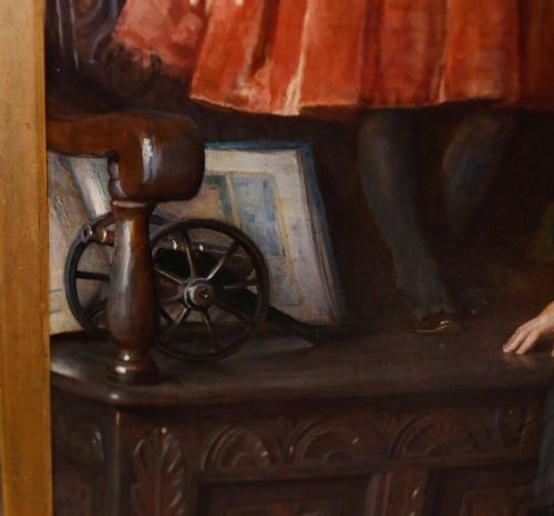 fig 1. An 1887 Victorian oil portrait painting depicting two young children in period attire seated on a carved wooden bench within a gilt wood frame.