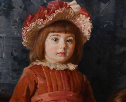fig 2. An 1887 Victorian oil portrait painting depicting two young children in period attire seated on a carved wooden bench within a gilt wood frame.