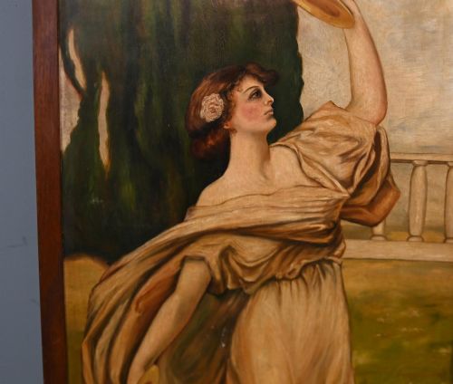 fig 1. A Victorian three-panel mahogany folding screen featuring hand-painted figures in classical garments set against a garden background.