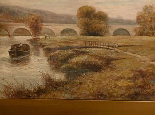 fig 1. A Victorian oil painting depicting a peaceful scene along the River Thames with a distant stone bridge, presented in a wide gilt frame.