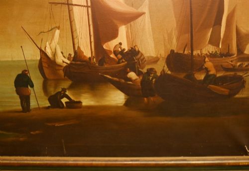 fig 2. An antique Dutch maritime oil painting depicting sailing vessels resting in shallow coastal waters beneath a clouded sky.