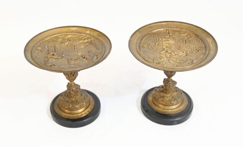 Pair French Ormolu Classical Tazzas on Marble Bases Bronze Dish C.1880