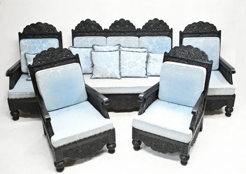 Colonial Settee Arm Chairs Antique India 3 Piece Suite Padauk Wood