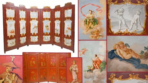 fig 1. A six-panel folding room divider featuring deep red surfaces adorned with gilt rococo scrollwork frames surrounding painted classical figures, cherubs, and urns.