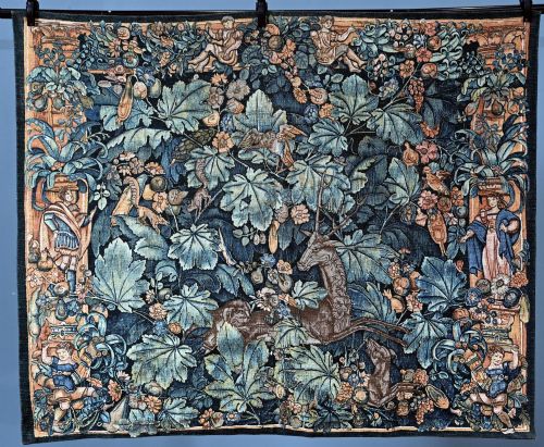 fig 2. French Antique Tapestry Deer Floral Hand Woven Verdure