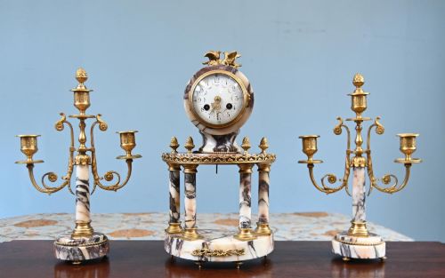Louis XVI Clock Set Garniture Marble Gilt Candelabras French 1890