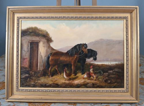 Victorian Oil Painting Horse Farmyard Scene 1880