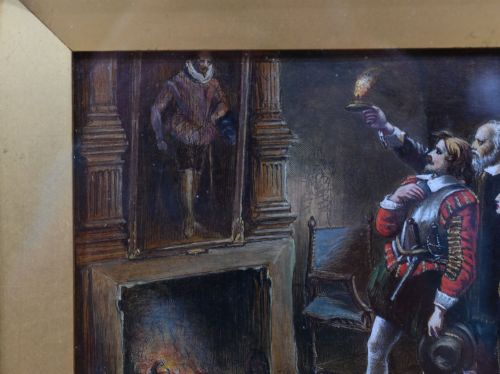 fig 2. A 19th-century Victorian oil painting depicting figures in historical dress examining a portrait by candlelight, set within a heavily carved gold gilt frame.
