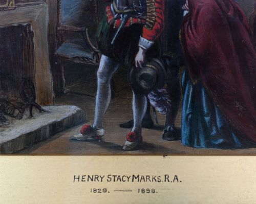 fig 3. A 19th-century Victorian oil painting depicting figures in historical dress examining a portrait by candlelight, set within a heavily carved gold gilt frame.