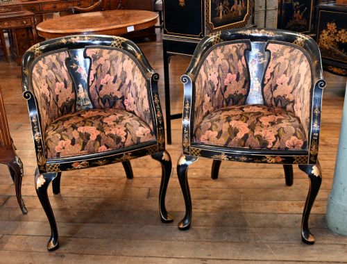Pair Chinoiserie Armchairs Black Lacquer Chairs Antique Circa 1920