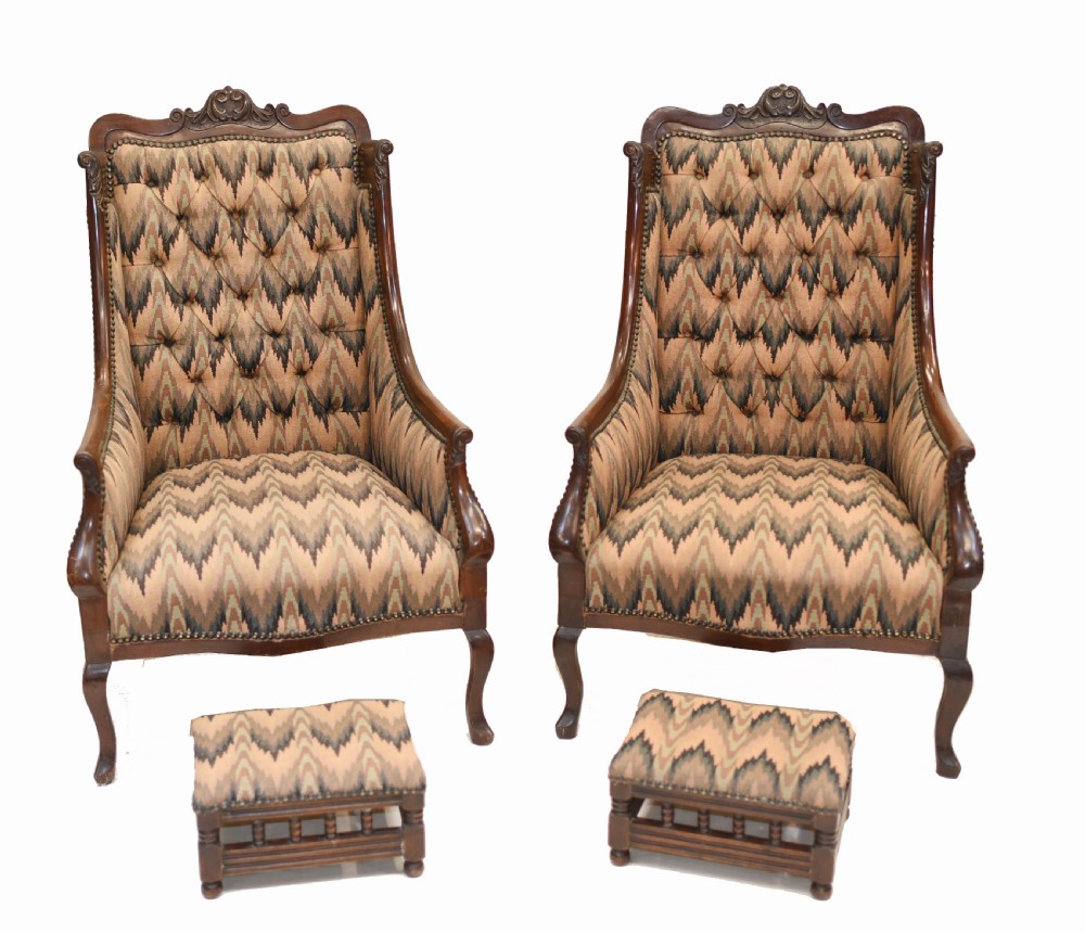 Pair Victorian Salon Chairs Arm Club Chair Stools