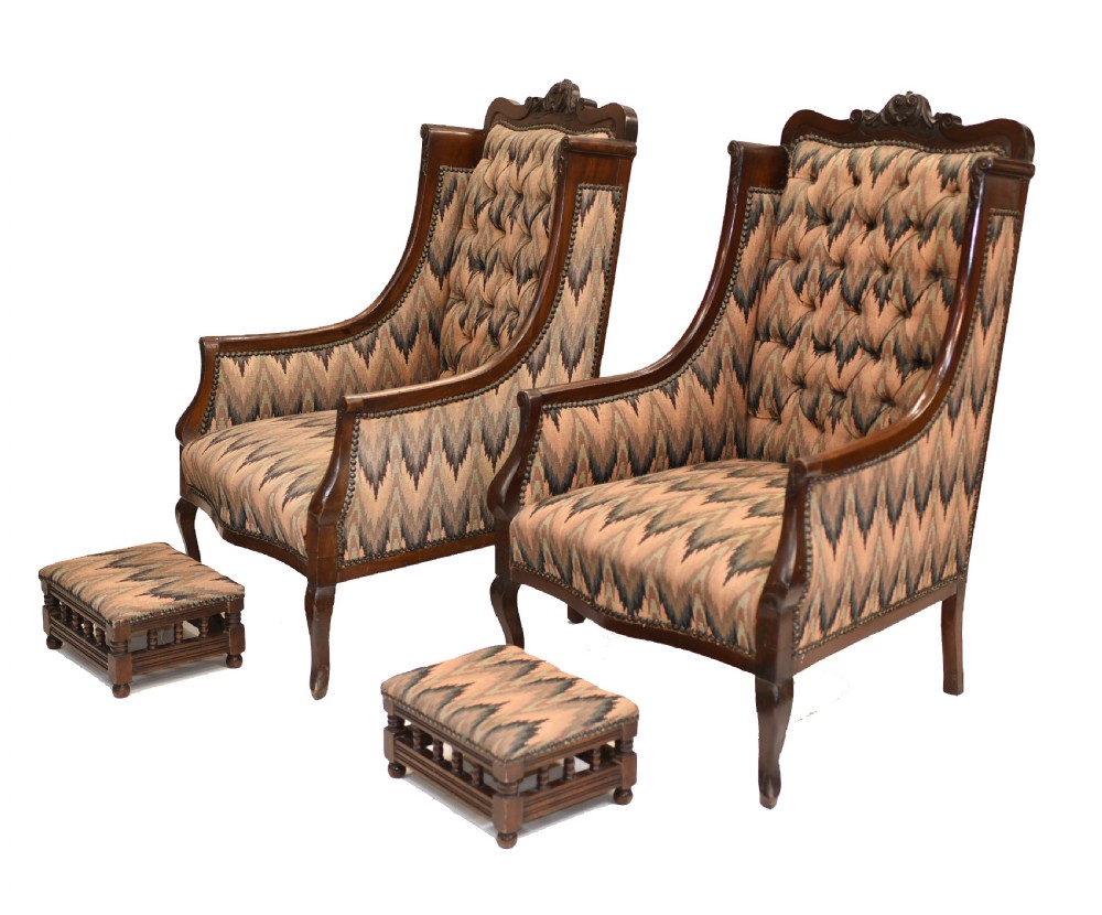 Pair Victorian Salon Chairs Arm Club Chair Stools View II