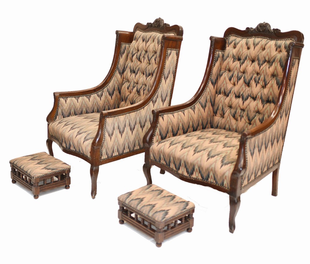 Pair Victorian Salon Chairs Arm Club Chair Stools View III