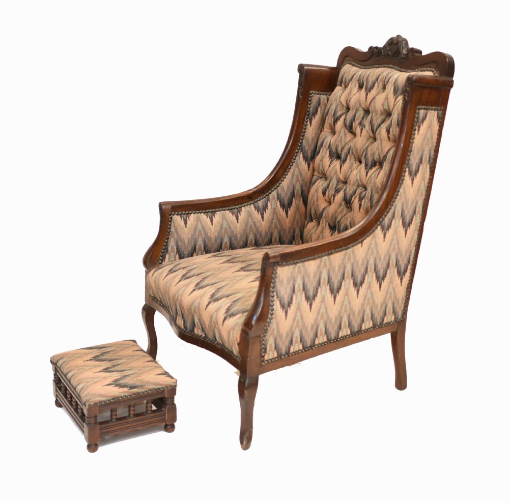 Pair Victorian Salon Chairs Arm Club Chair Stools View IV