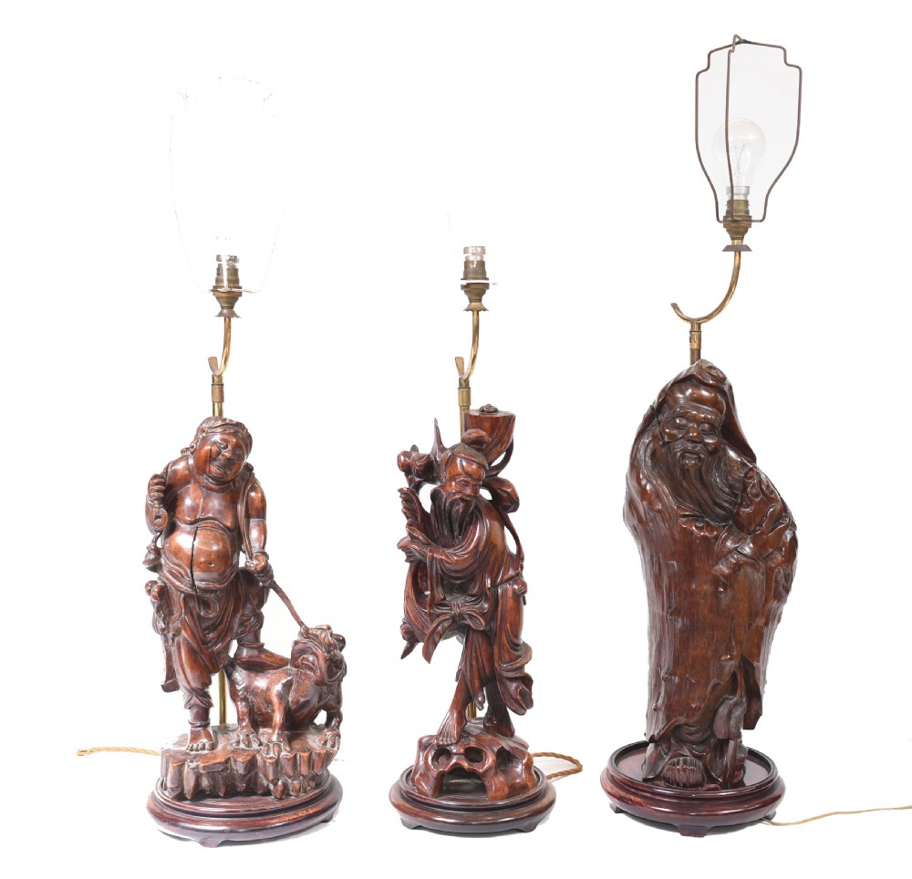 Set Hand Carved Chinese Buddha Lamps Antique Lights Figurines 1880