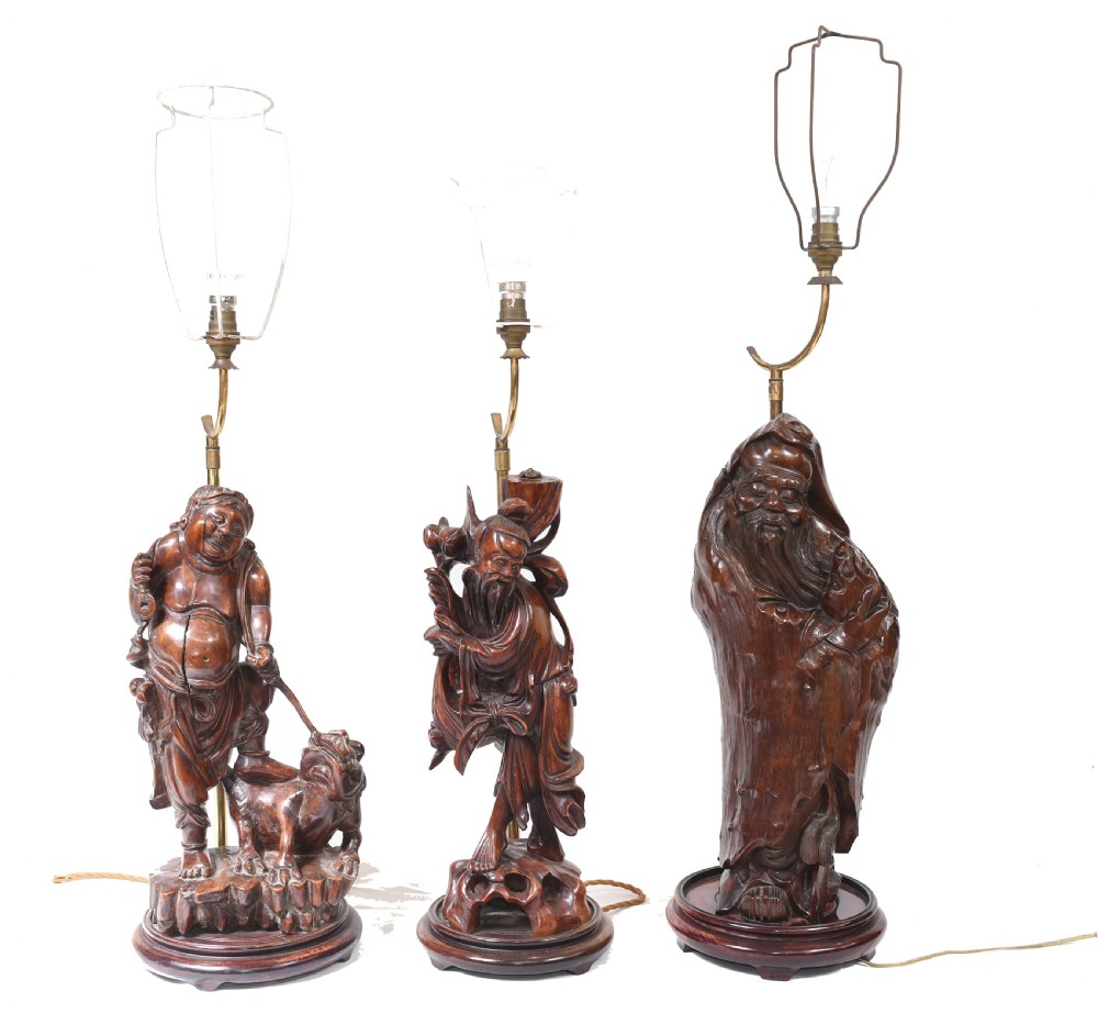 Set Hand Carved Chinese Buddha Lamps Antique Lights Figurines 1880 View II