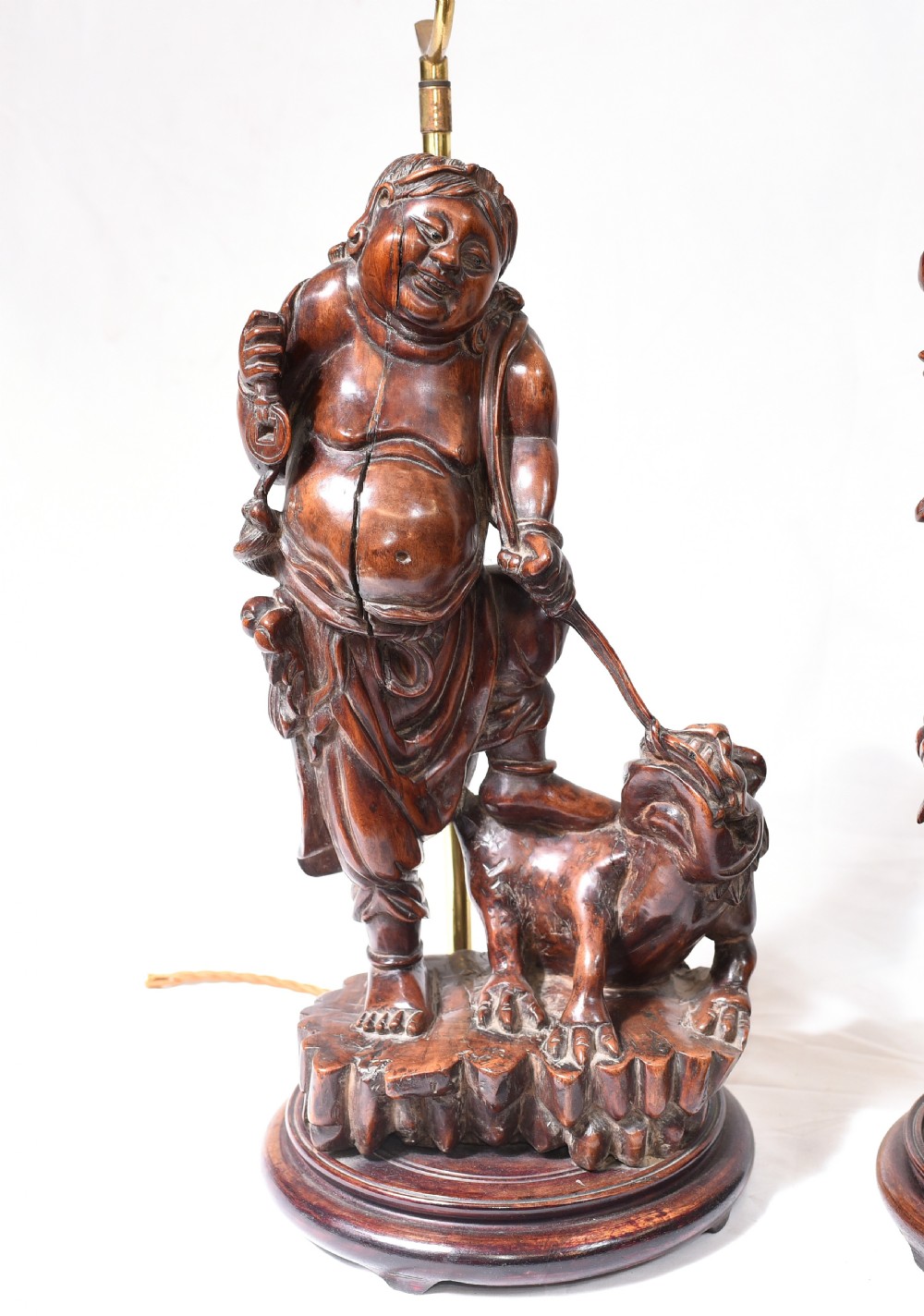 Set Hand Carved Chinese Buddha Lamps Antique Lights Figurines 1880 View III