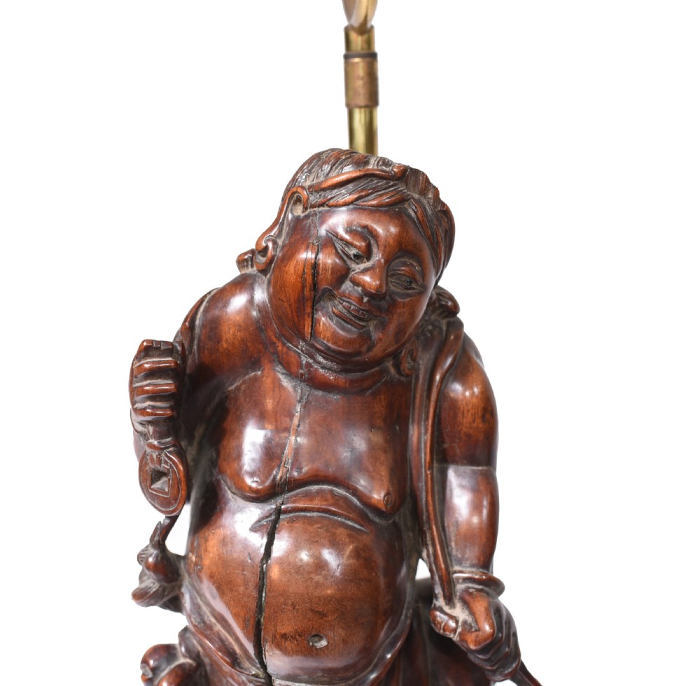 Set Hand Carved Chinese Buddha Lamps Antique Lights Figurines 1880 View IV