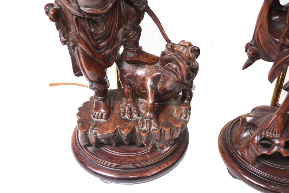 Set Hand Carved Chinese Buddha Lamps Antique Lights Figurines 1880 View V